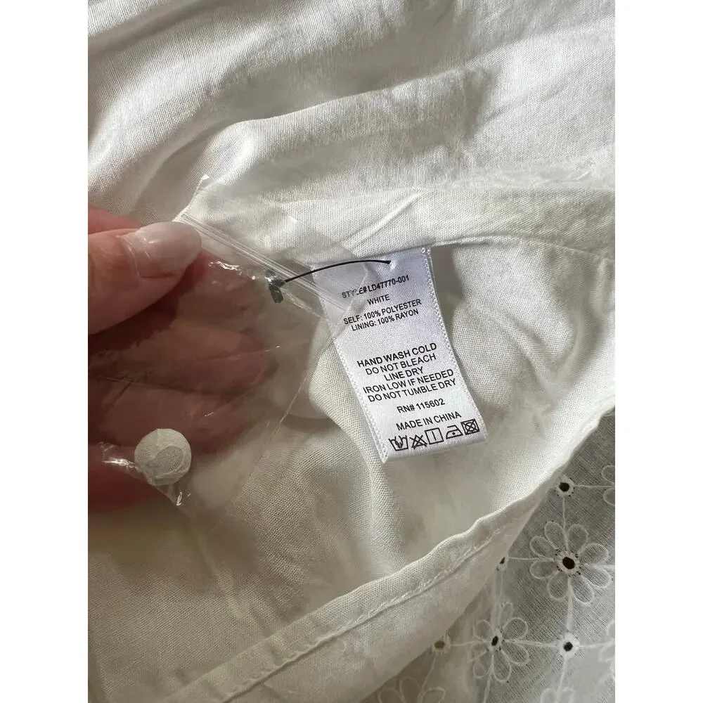 NEW All in Favor White Eyelet Mini Dress Cottagecore Milkmaid Dress Medium - Picture 8 of 10